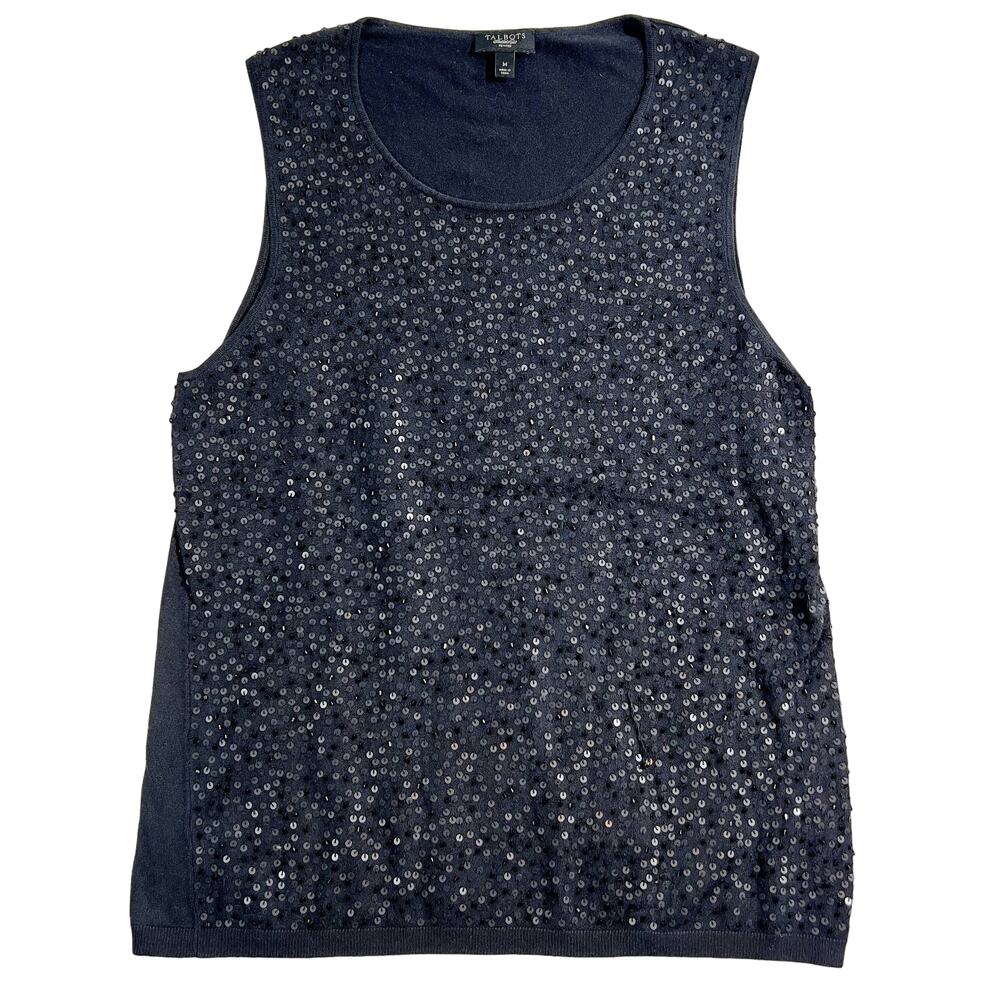 Talbots Petite Black Sequined Tank Top Woman M Petite Silk Nylon Spandex SPARKLE